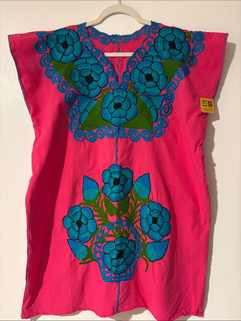 Bright Pink Embroidered Mini Dress with Blue Floral Accents